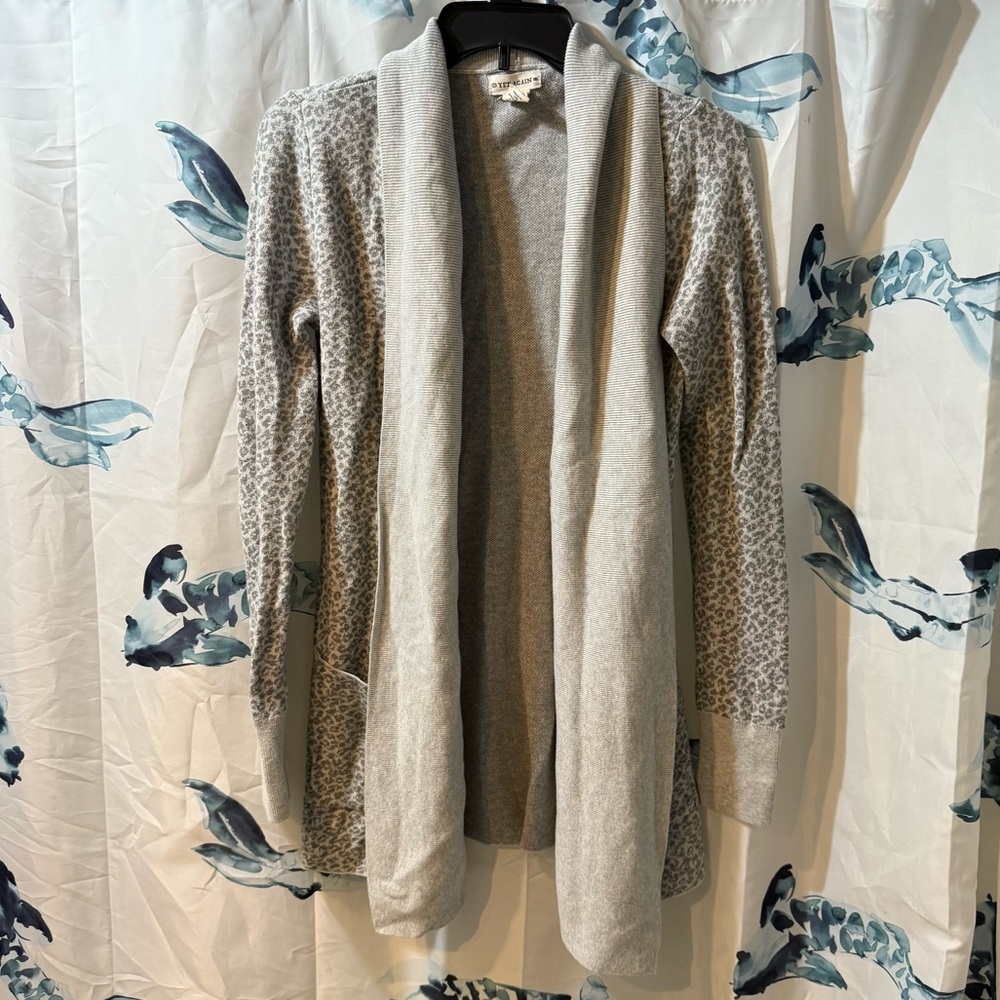 Yet Again Grey Leopard Print Open Front Cardigan Shawl Collar Cotton Sweater S
